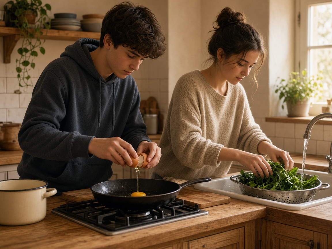 Two teenagers cooking a simple meal at home