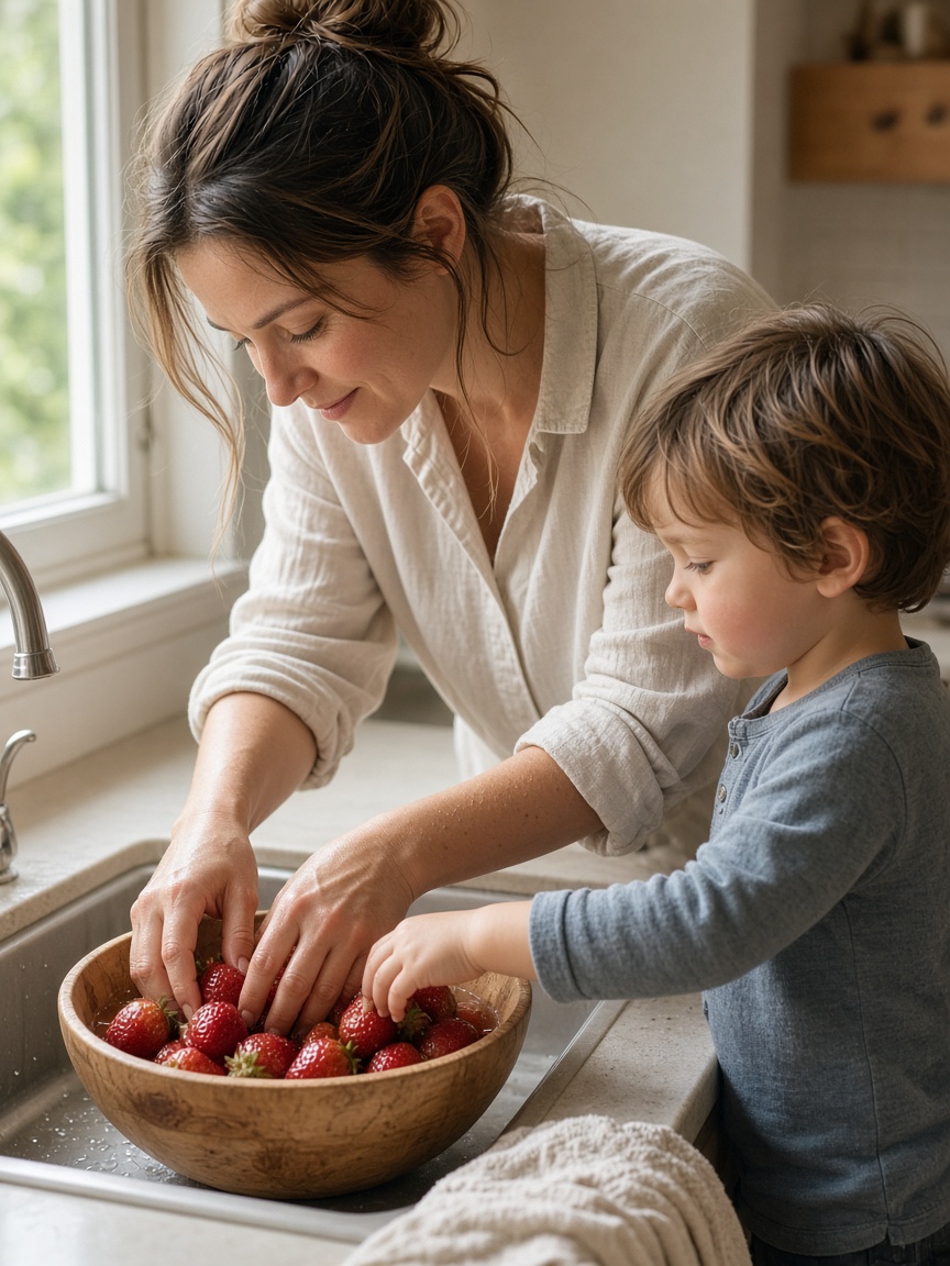 A parent and a young child washing strawberries together