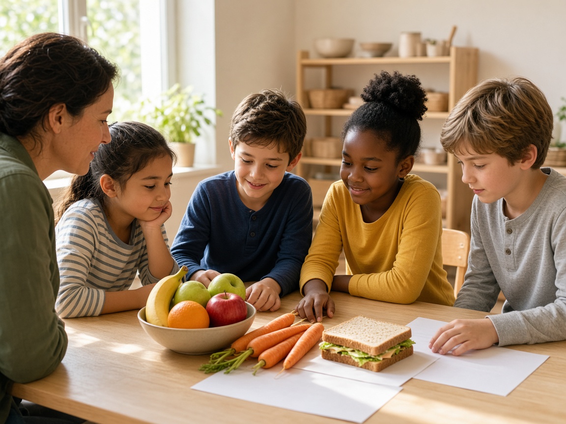 Elementary students and a teacher gathered around fruit and a sandwich